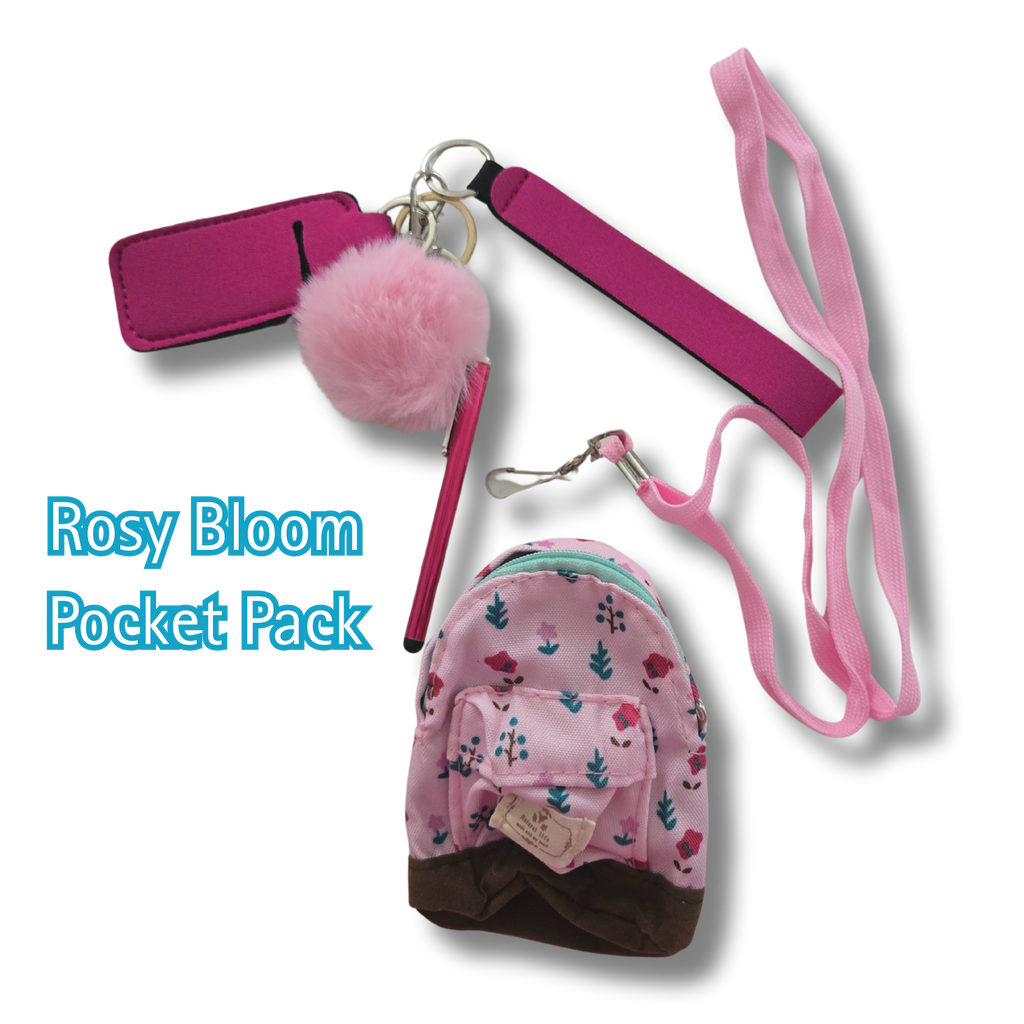 Pink Rosy Bloom pocket pack with accessories on a white background