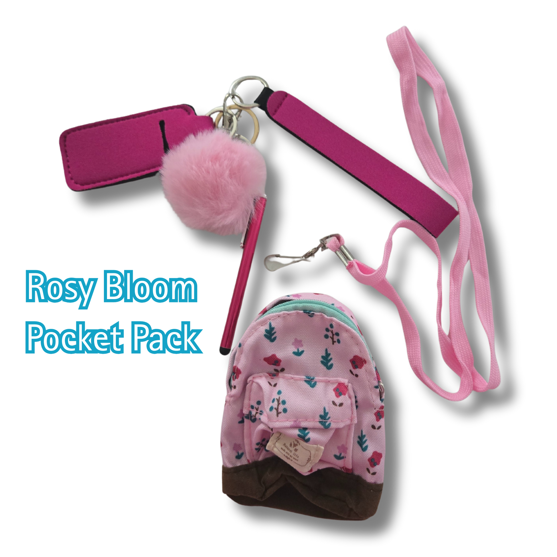 Pink Rosy Bloom pocket pack with accessories on a white background