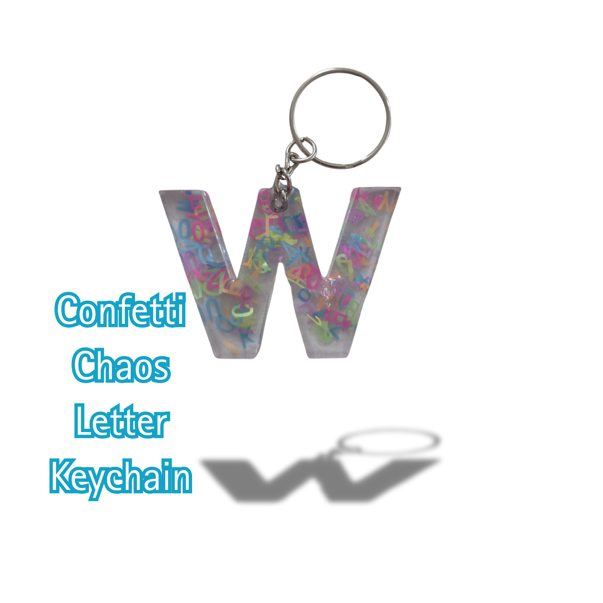 Keychain shaped like the letter 'W' with confetti design on a white background