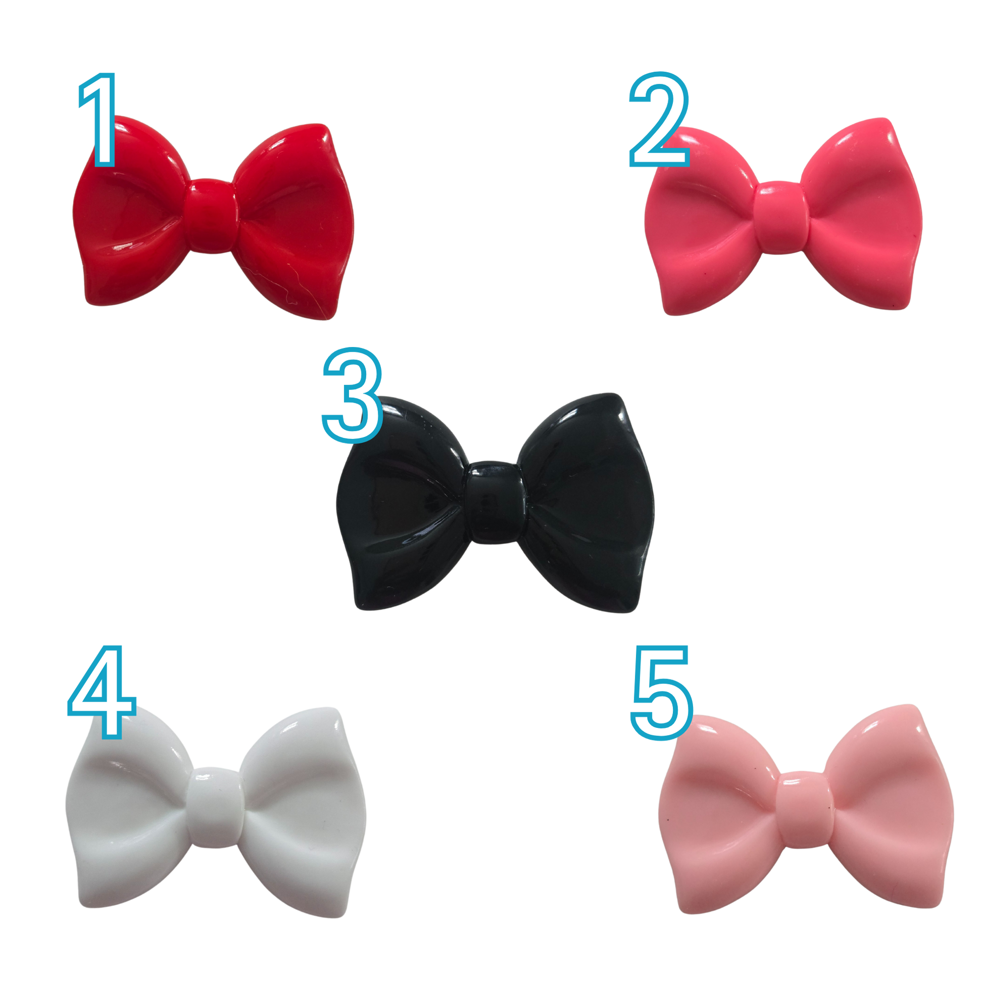 Five colorful bow-shaped hair accessories on a white background