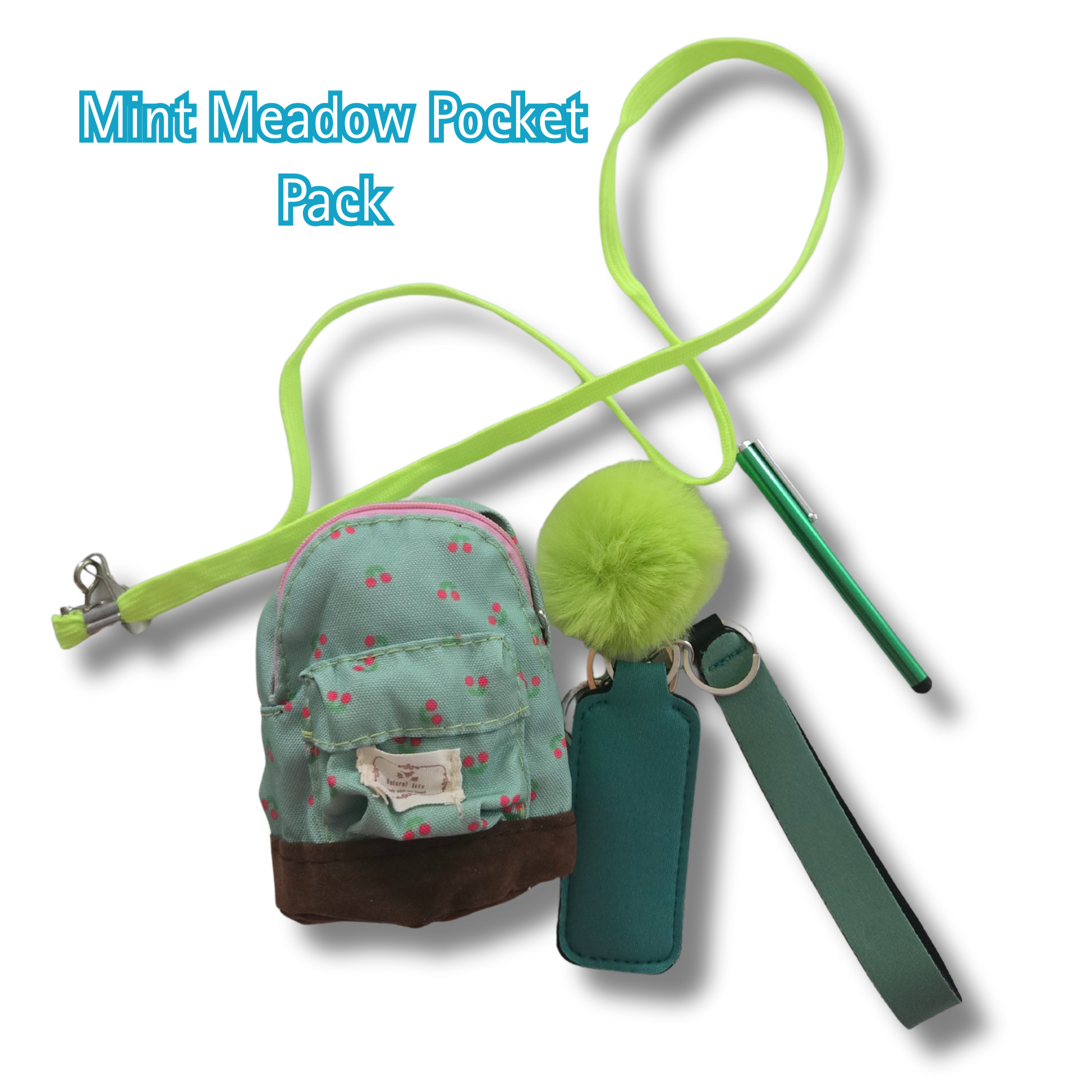 Mint Meadow Pocket Pack with green strap, small bag, and keychain on a white background