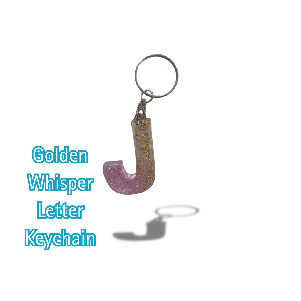 Keychain with letter 'J' on a white background, labeled 'Golden Whisper Letter Keychain'.