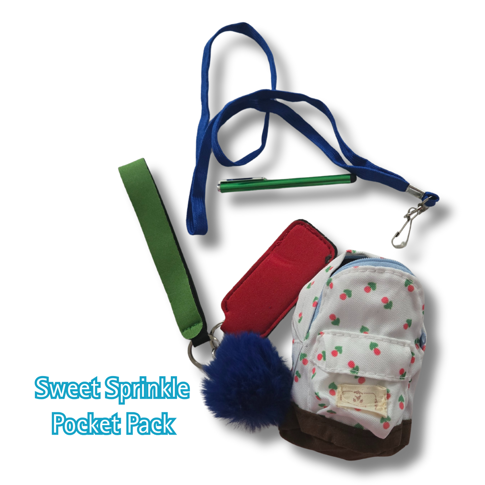 Sweet Sprinkle Pocket Pack with lanyard, pen, and phone case on a white background
