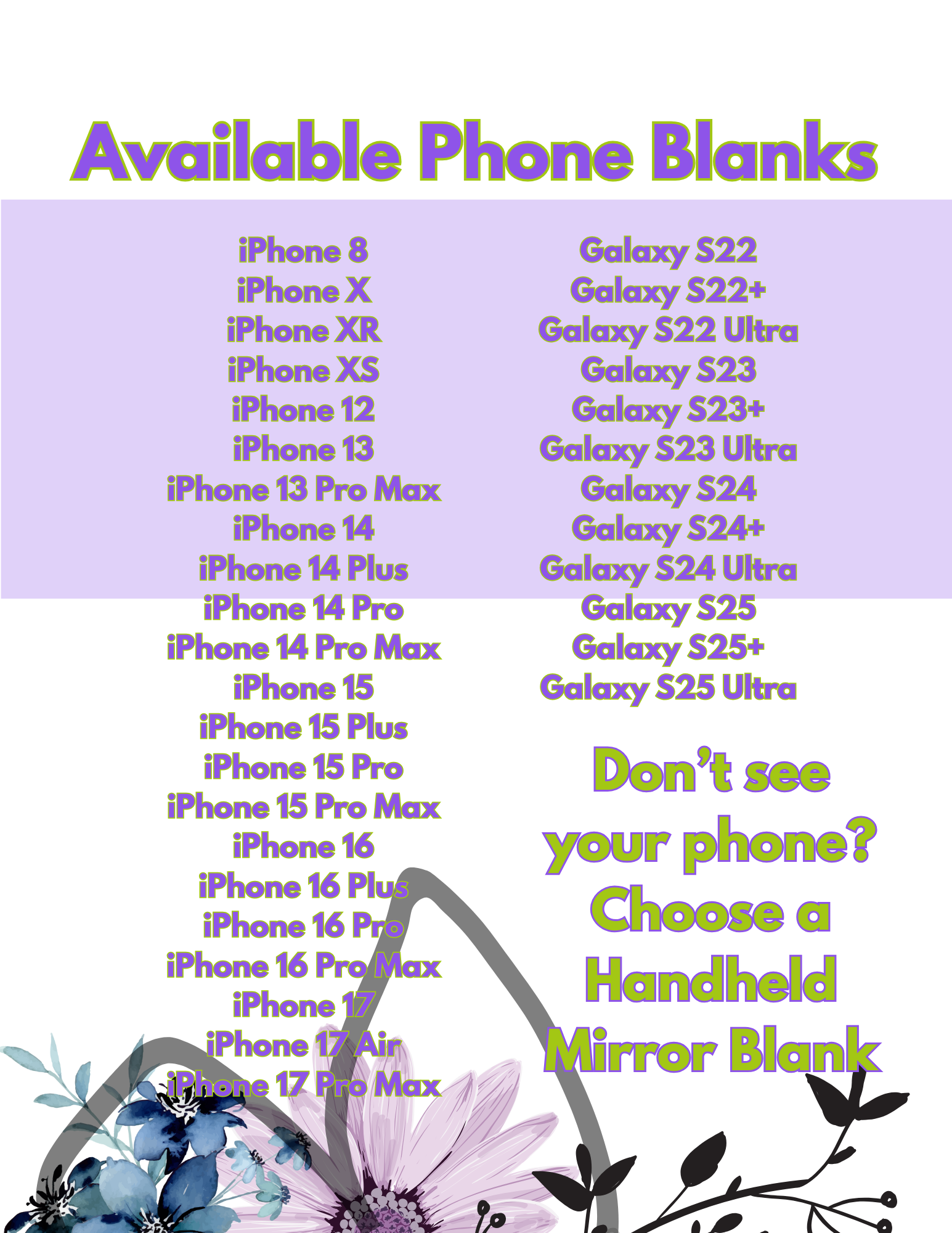 List of available phone blanks for different smartphone models with decorative elements.
