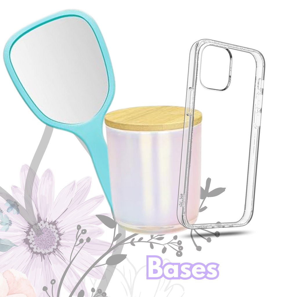 Set of items including a turquoise mirror, a container with a wooden lid, and a clear phone case on a floral background.