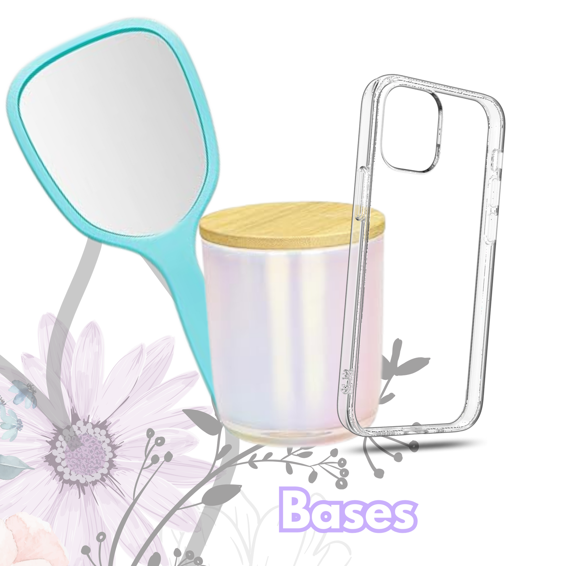 Set of items including a turquoise mirror, a container with a wooden lid, and a clear phone case on a floral background.