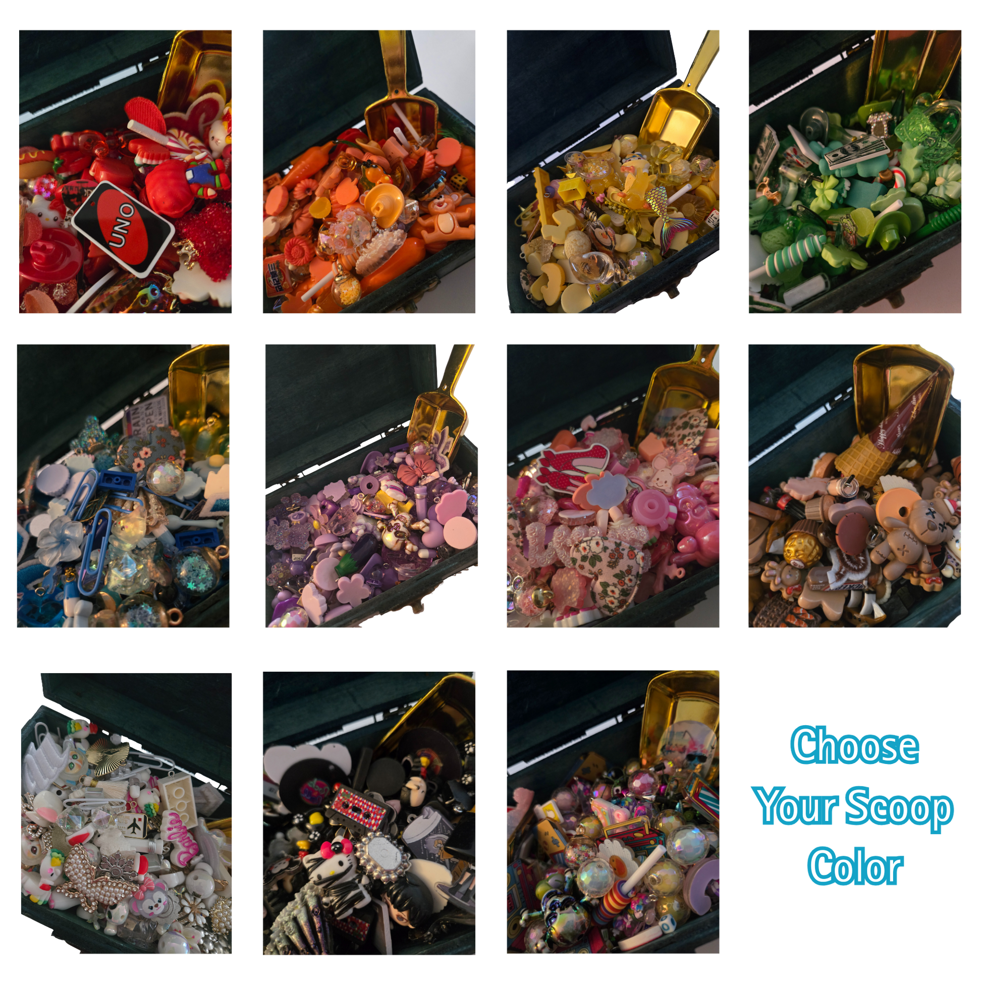 Collage of various colorful items in a black container with text 'Choose Your Scoop Color'.