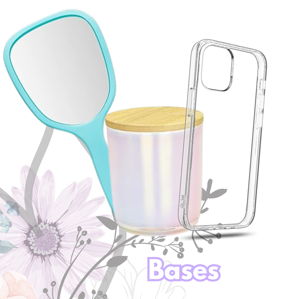 Set of items including a turquoise mirror, a container with a wooden lid, and a clear phone case on a floral background.