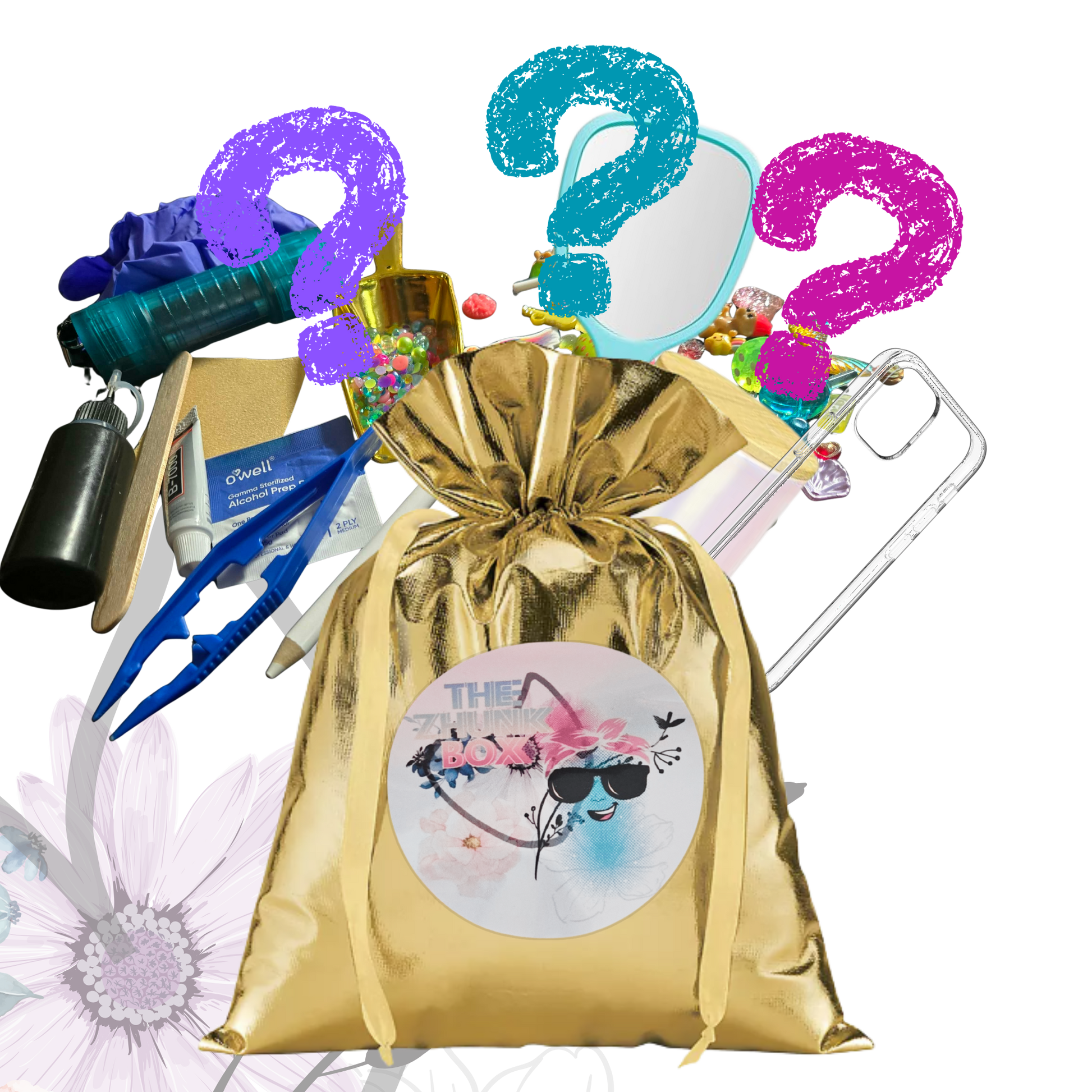 Gold drawstring bag with cosmetic items and question marks above on a white background