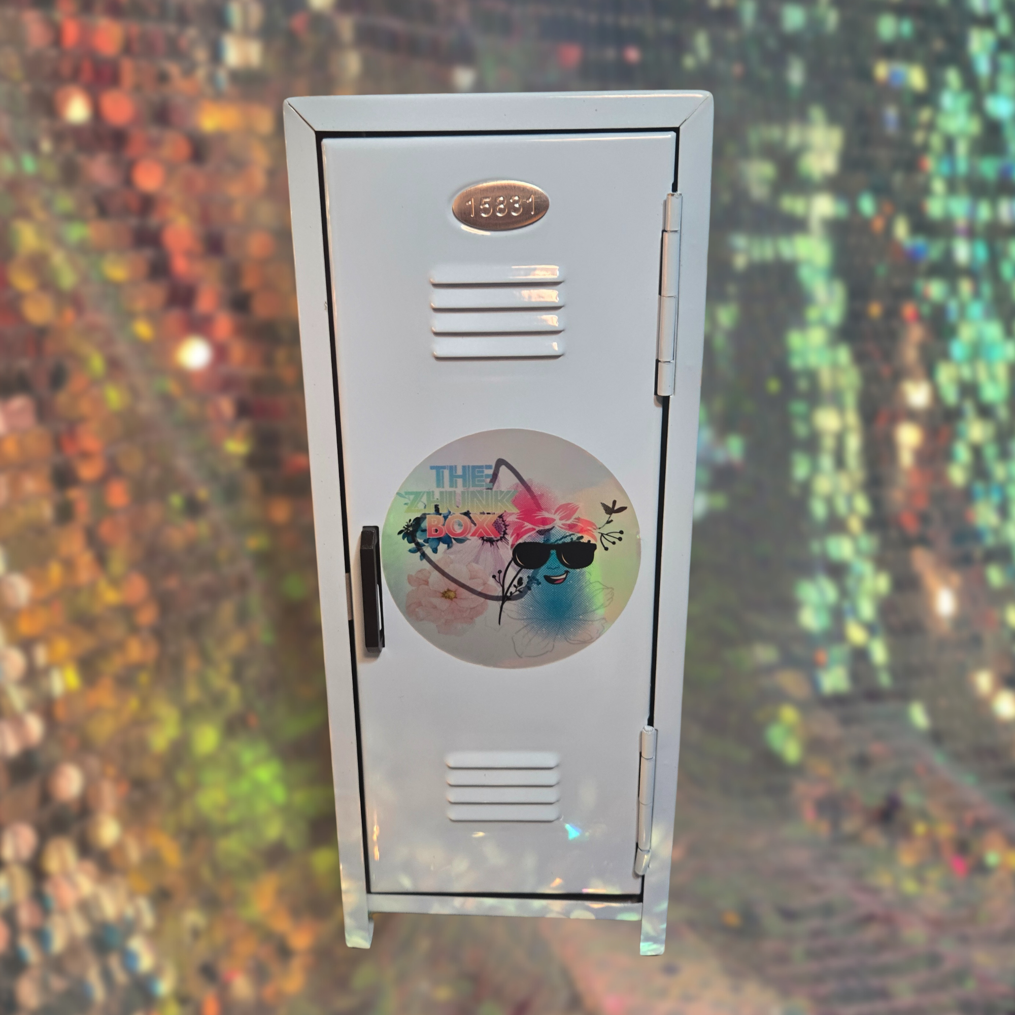 Metal locker with a colorful design on a multicolored background