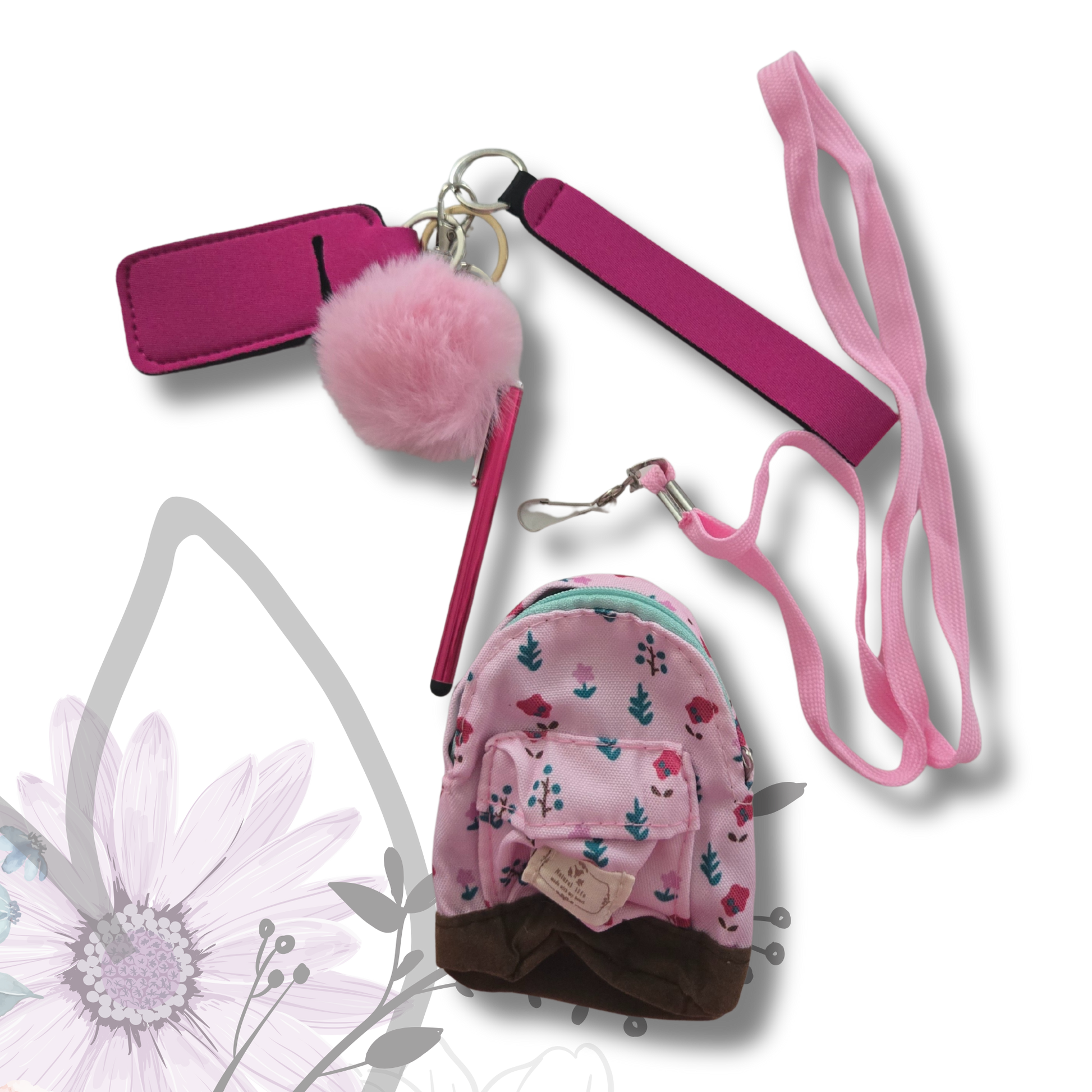 Pink pet leash, collar, and pouch with floral design on a white background