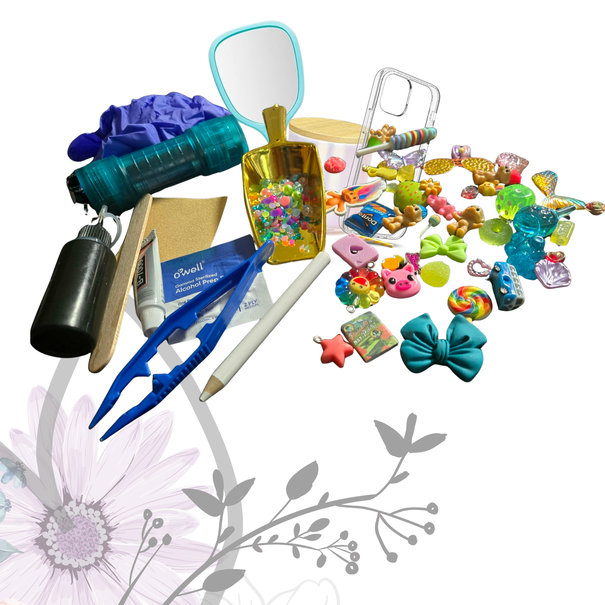 Assorted charms and items on a white background with floral design